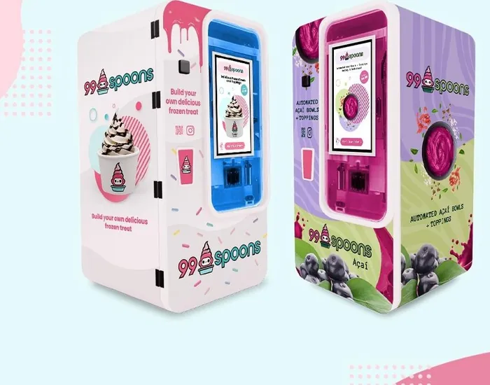 99 Spoons robotic soft-serve ice cream kiosks in pink and purple