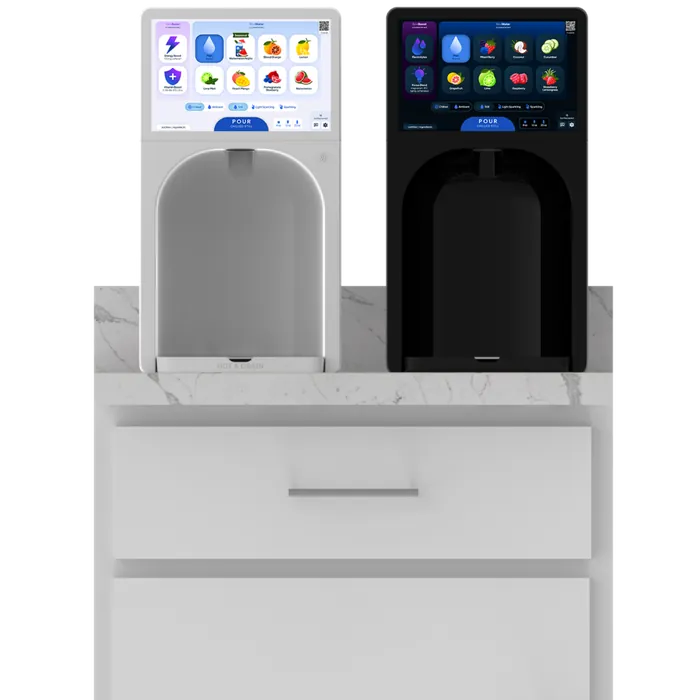Bevi Signature Countertop smart water dispensers in white and black on a counter