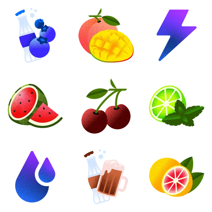 Bevi flavor icons including Blueberry Fizz, Peach Mango, Watermelon, Black Cherry and Energy Boost