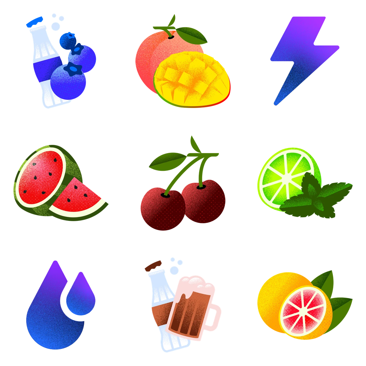 Bevi flavor icons including Blueberry Fizz, Peach Mango, Watermelon, Black Cherry and Energy Boost