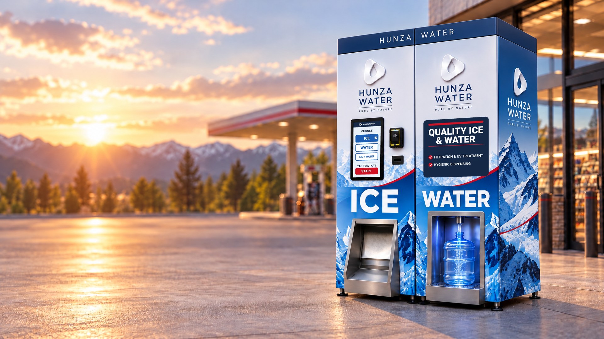 Hunza Water ice module and water module joined as one combo station at a gas station at sunset