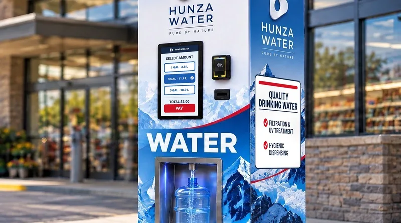 Hunza Water refill vending station filling a reusable jug outside a grocery store