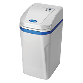 Apollo compact cabinet water softener in white with a blue band