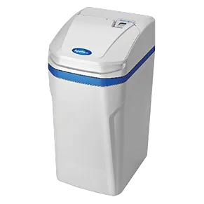 Apollo compact cabinet water softener in white with a blue band