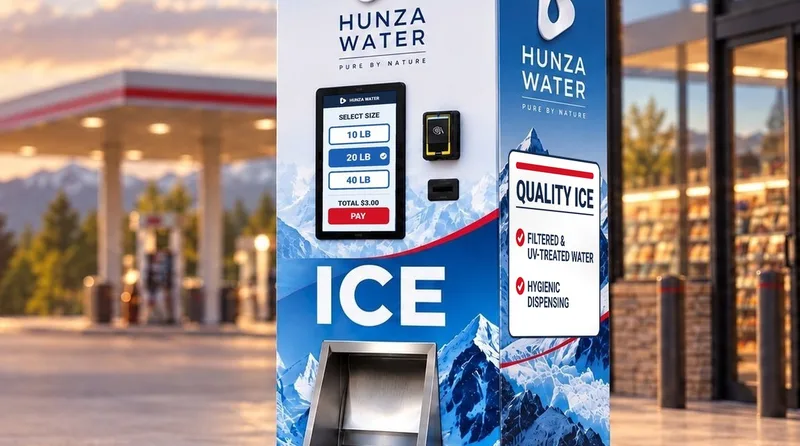 Hunza Water ice vending kiosk with glacier and mountain wrap at a gas station at sunset