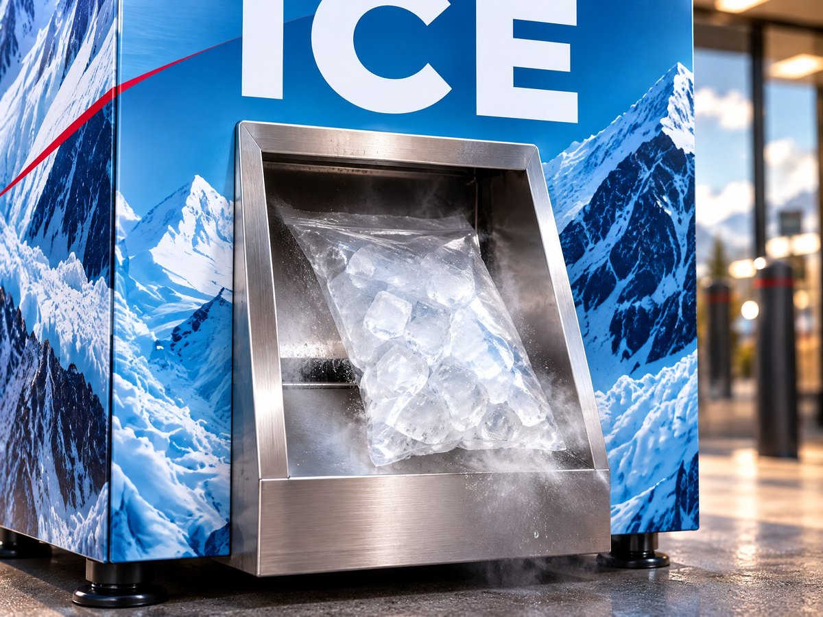 Bag of ice sliding out of the stainless chute of a Hunza Water ice machine