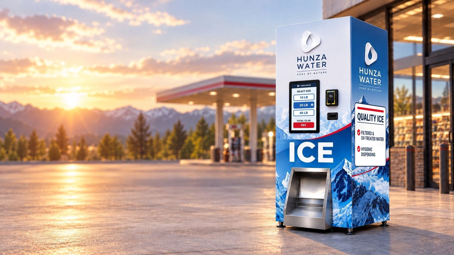 Hunza Water ice vending kiosk with glacier and mountain wrap at a gas station at sunset