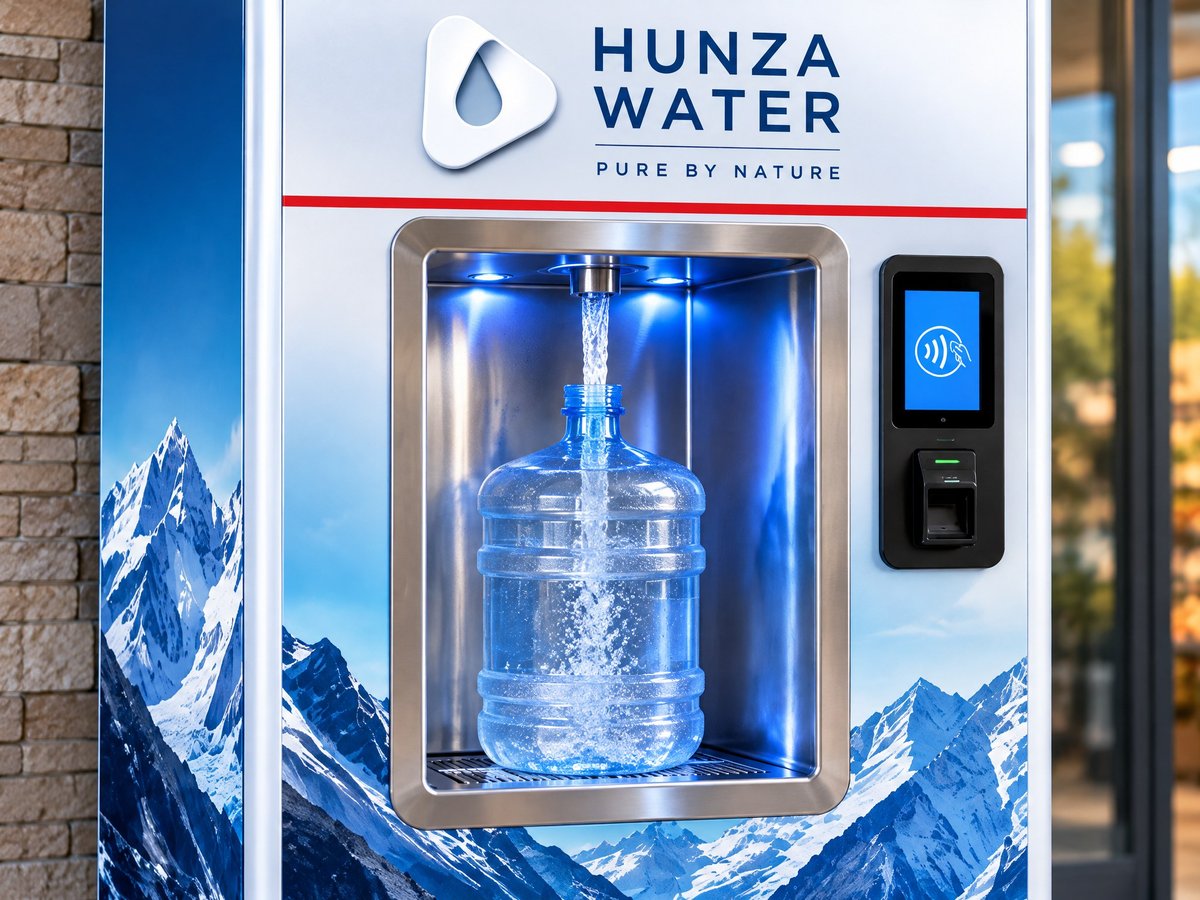 Illuminated Hunza Water refill bay filling a 5-gallon jug
