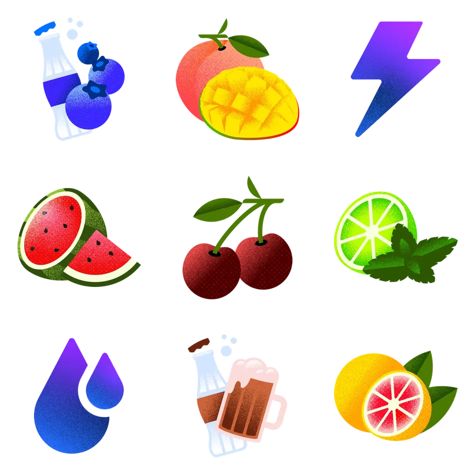 Bevi flavor icons including Blueberry Fizz, Peach Mango, Watermelon, Black Cherry and Energy Boost