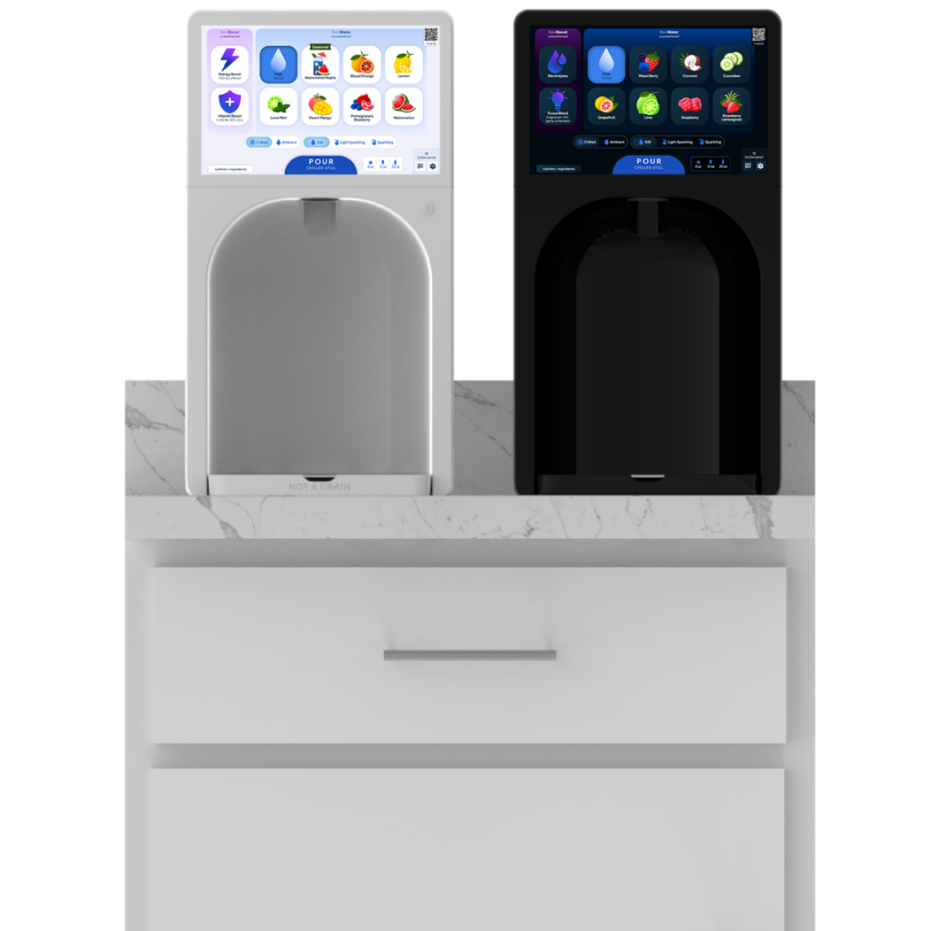 Bevi Signature Countertop smart water dispensers in white and black on a counter