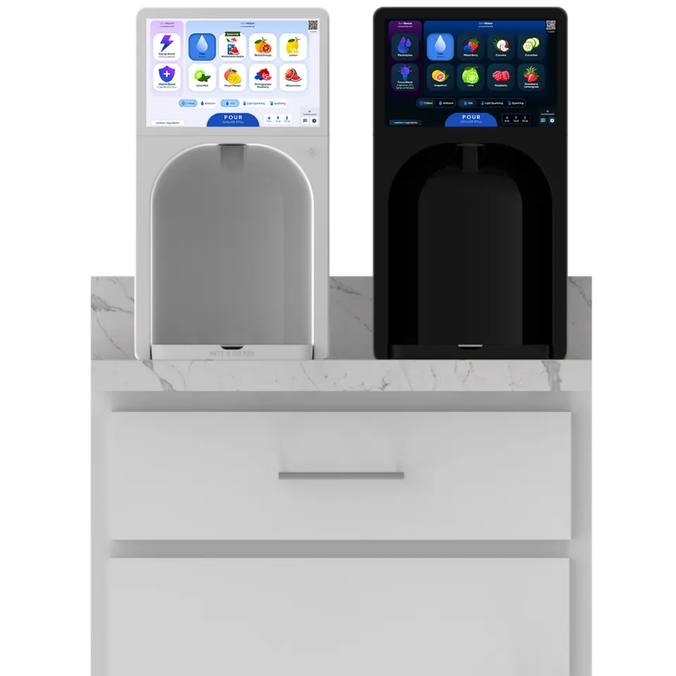Bevi Signature Countertop smart water dispensers in white and black on a counter