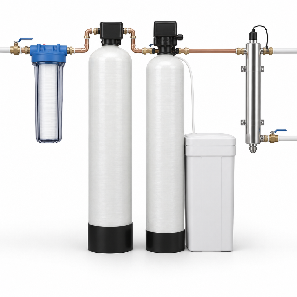 Whole-house water filtration system with sediment filter, carbon and softener tanks and a UV unit (illustrative)