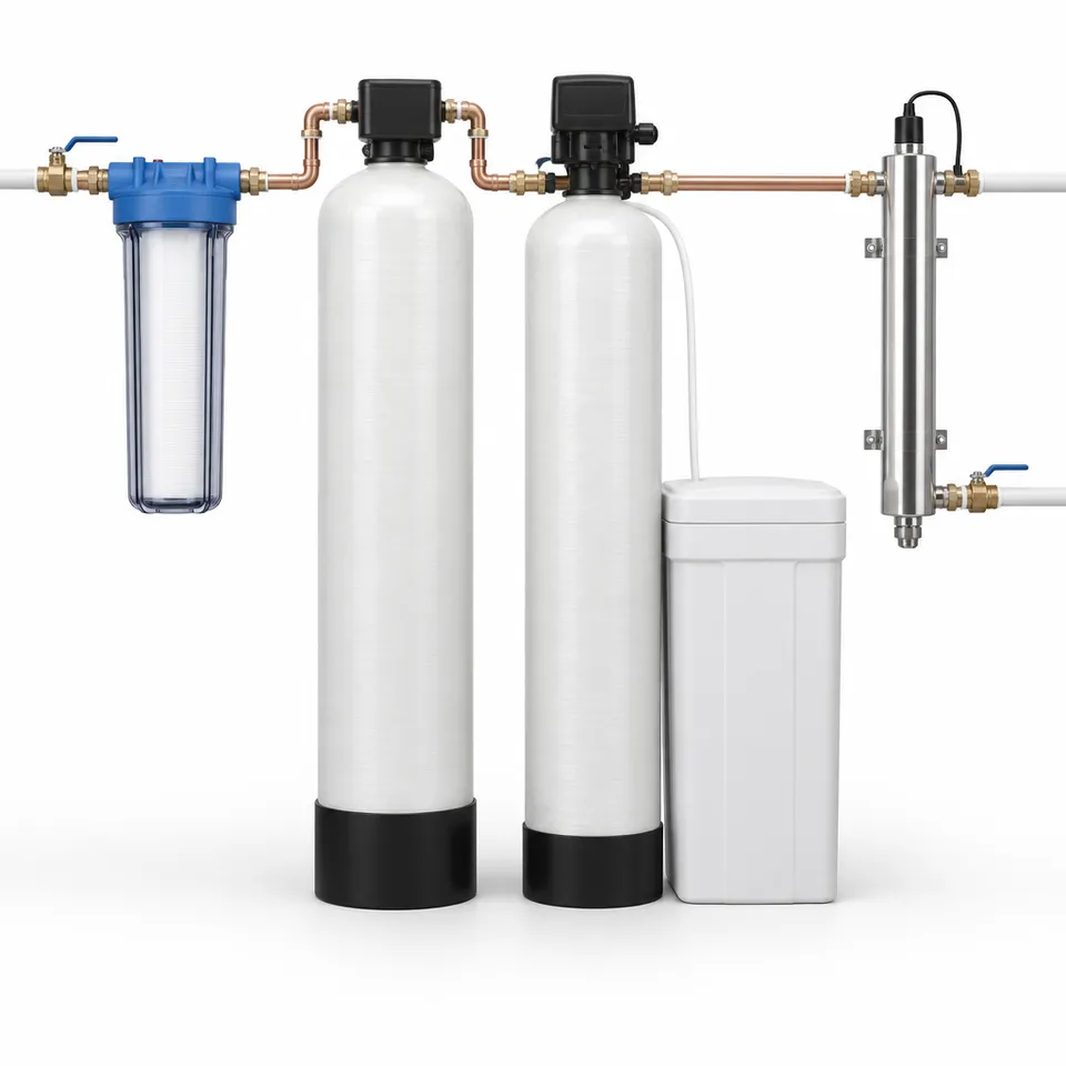 Whole-house water filtration system with sediment filter, carbon and softener tanks and a UV unit (illustrative)