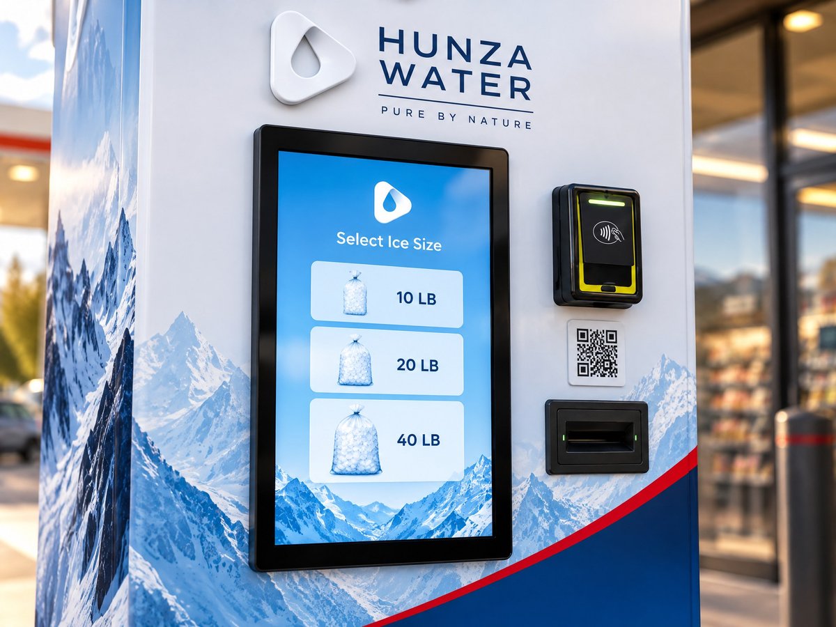 Hunza Water vending payment panel with touchscreen, tap-to-pay reader, QR code and cash slot